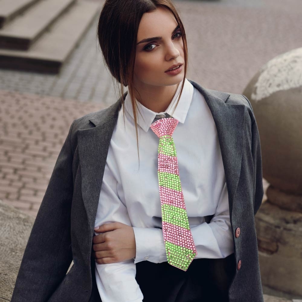 Pink Green Stripe Crystal Bling Rhinestones Tie Necklace Chain Statement Jewelry